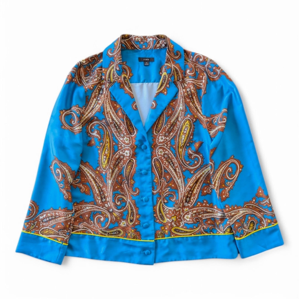 J. CREW 60s Retro Top Drapey Button-up Silky Scarf Blouse Paisley Window Blue M - Picture 5 of 11